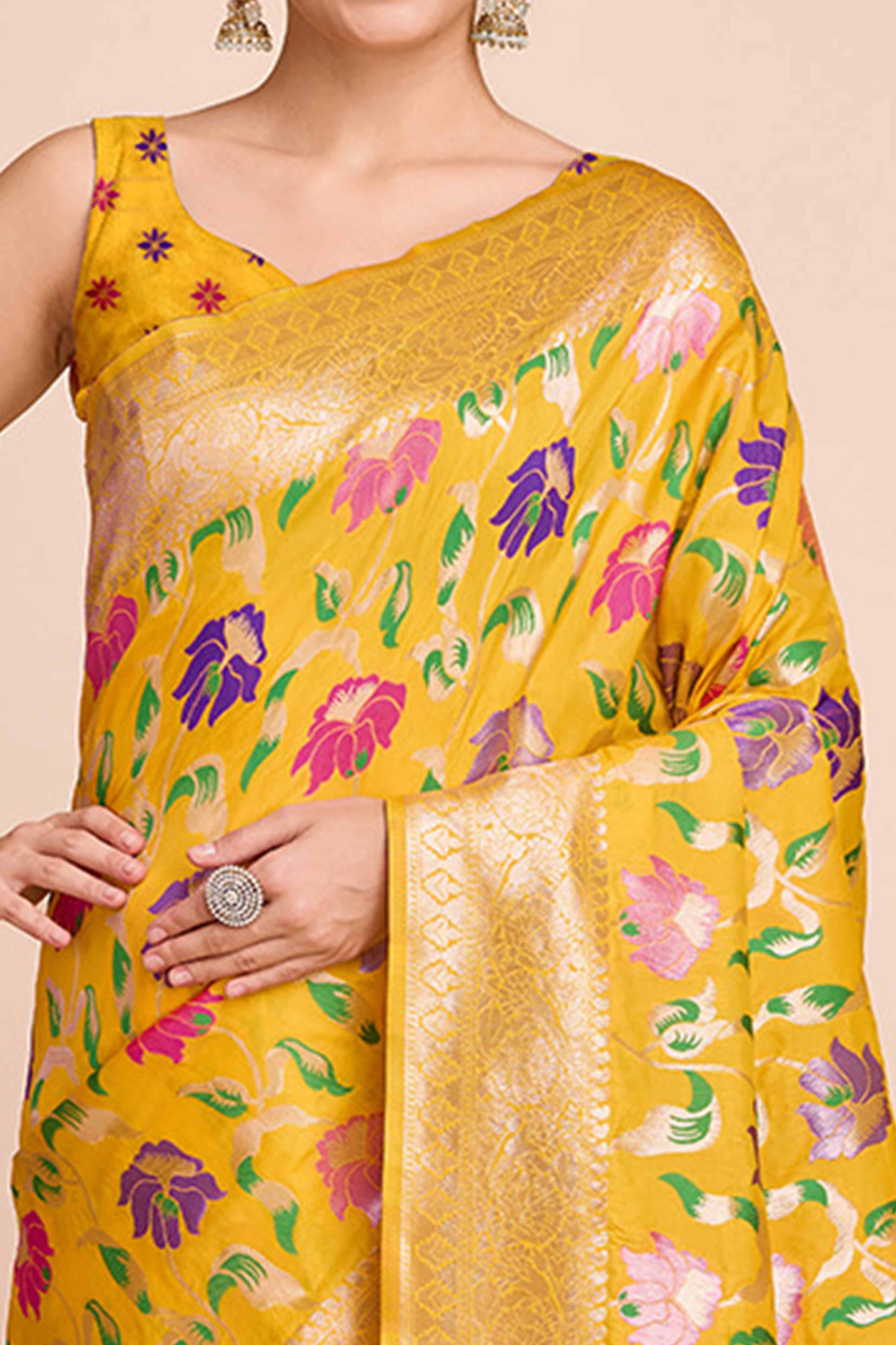 Mustard Floral Zari Weaving Pure Silk Paithani Saree