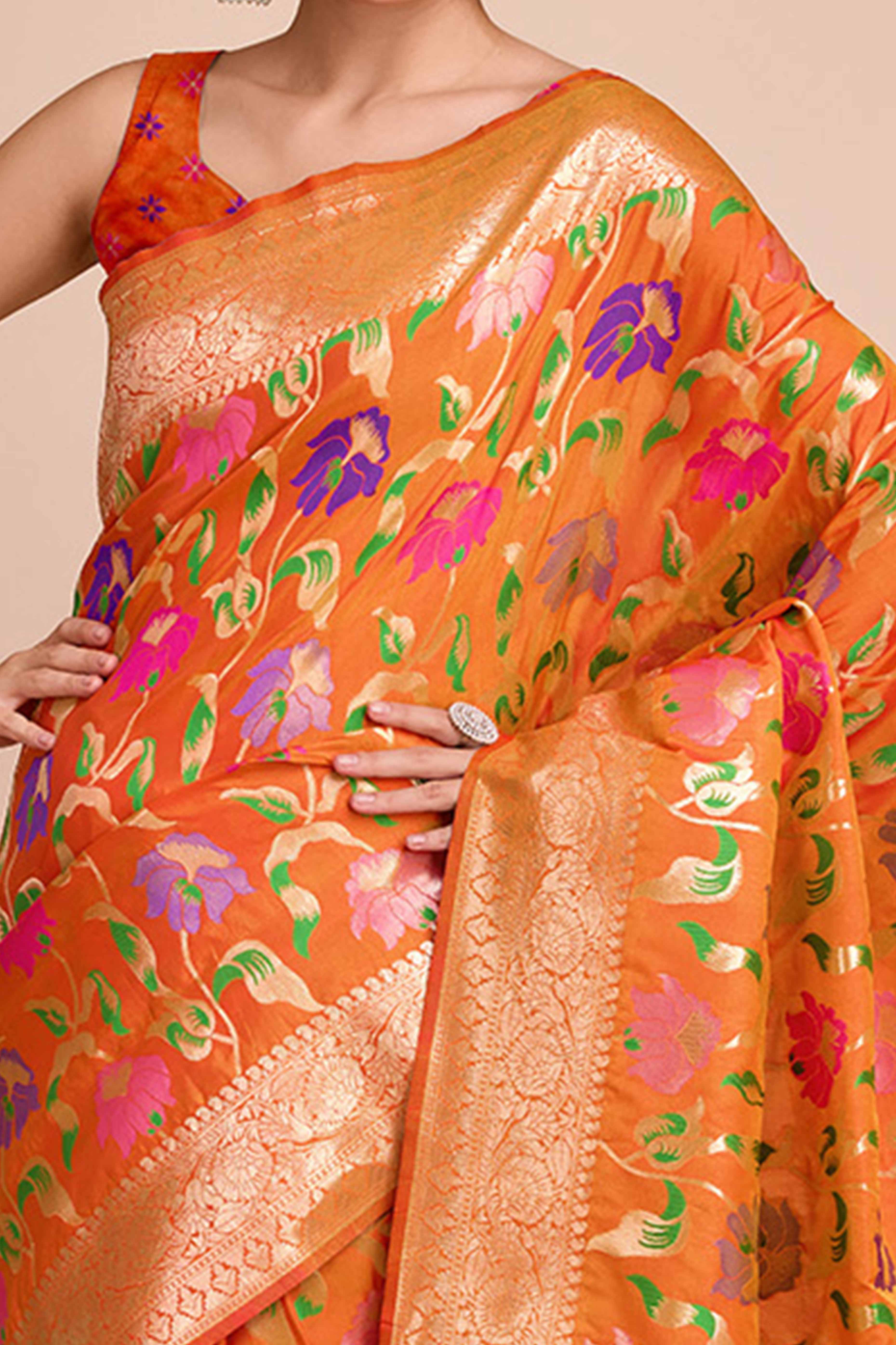 Orange Floral Zari Weaving Pure Silk Paithani Saree