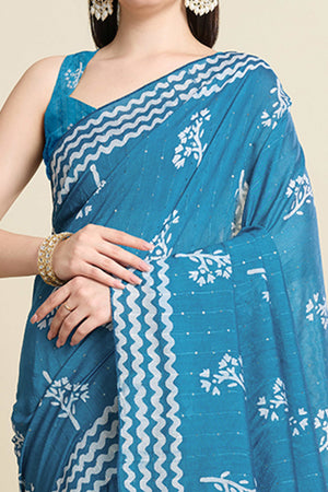 Blue Cotton Blend Saree Featuring Floral Prints and Elegant Sequins Work Accents