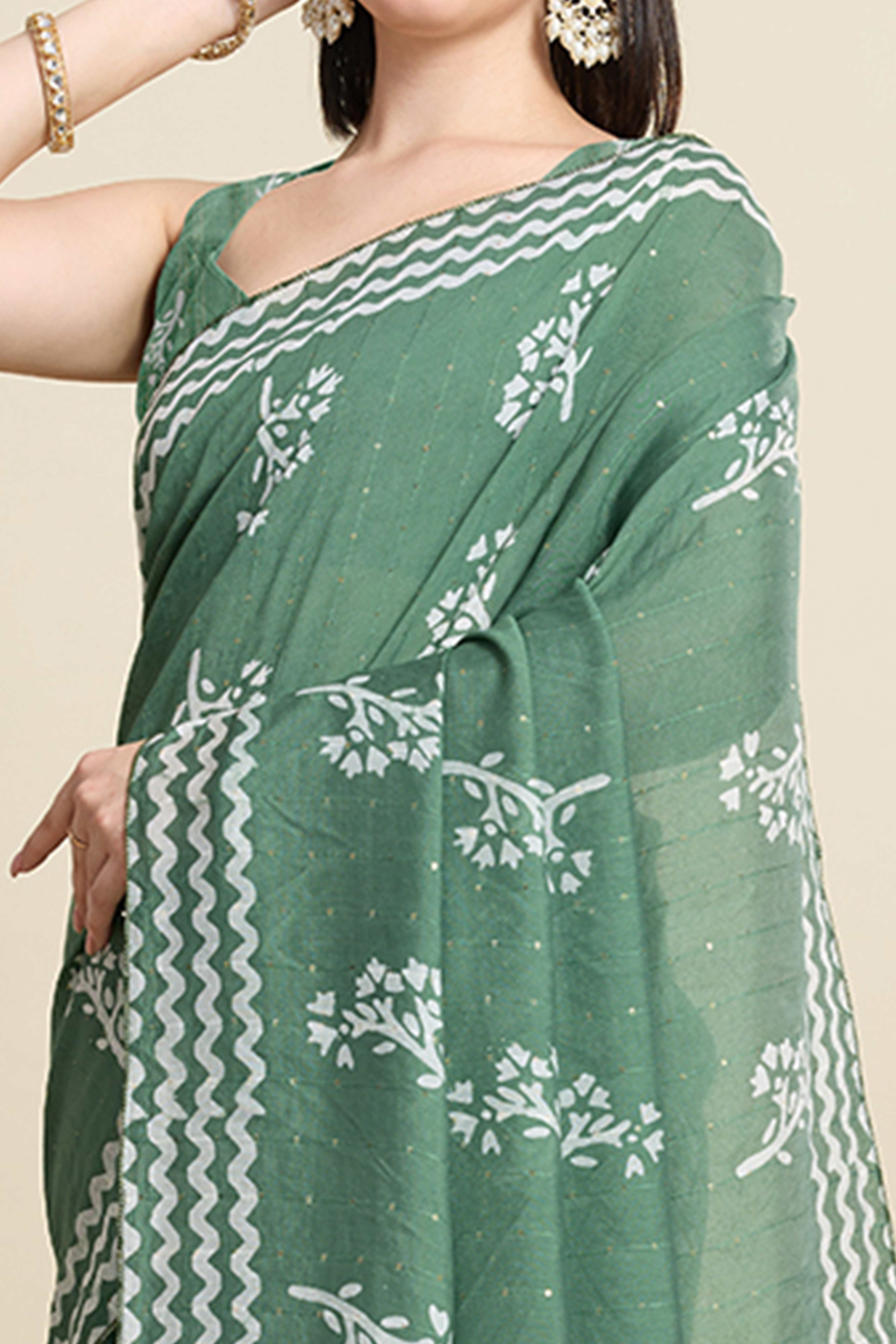 Pista Green Cotton Blend Saree Featuring Floral Prints and Elegant Sequins Work Accents