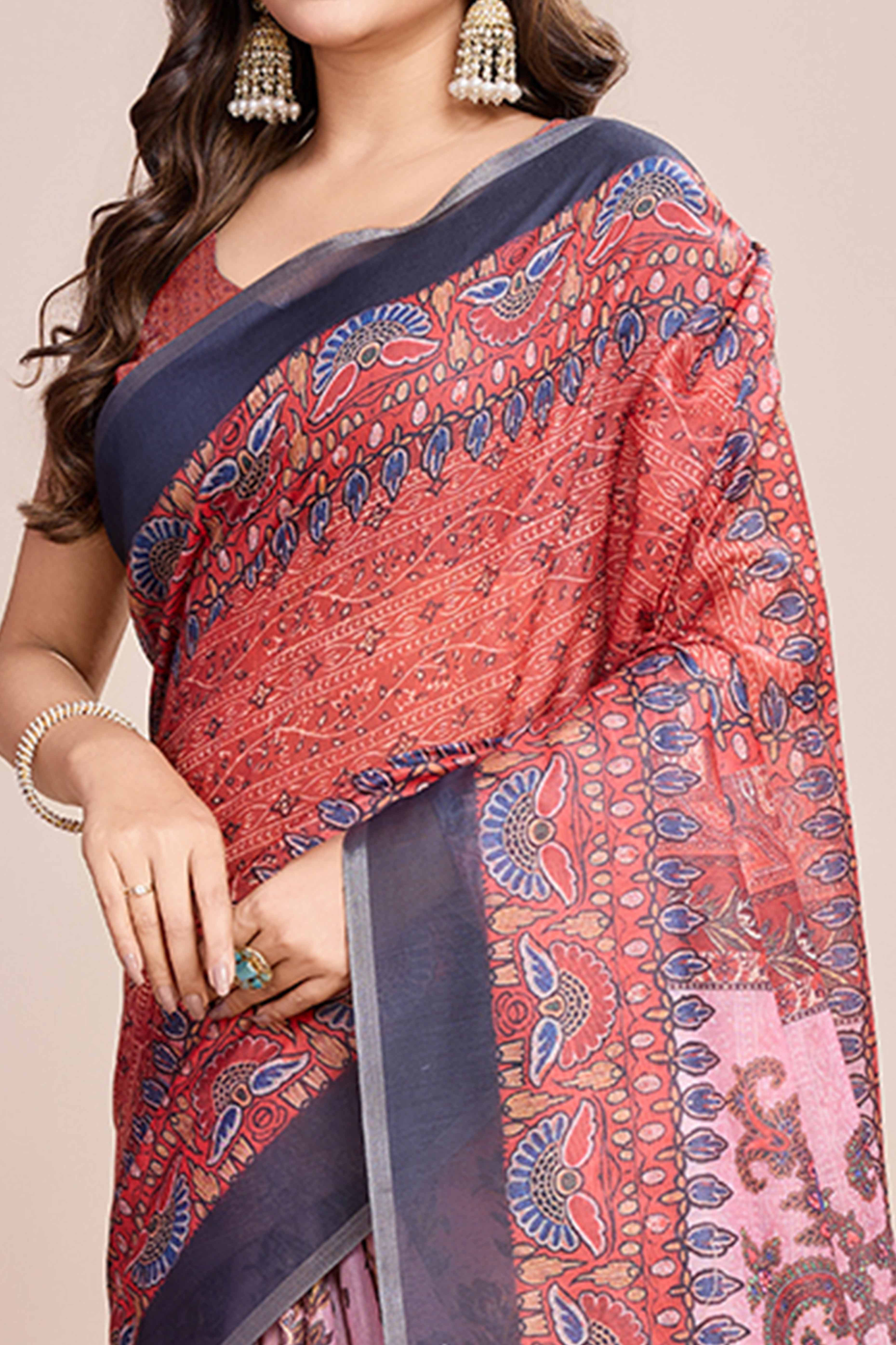 Red Floral Printed Linen Saree