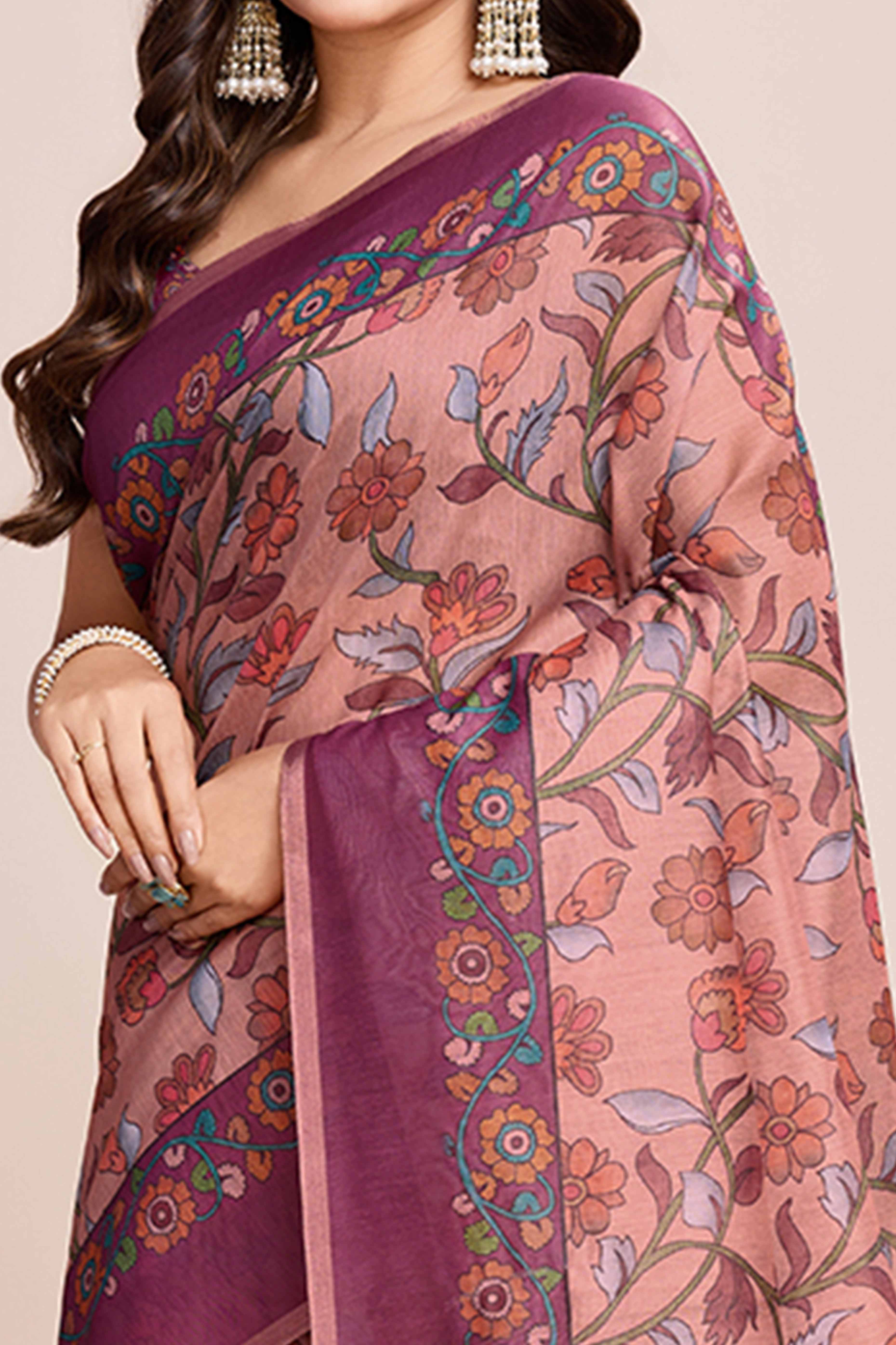 Beige Floral Printed Linen Saree