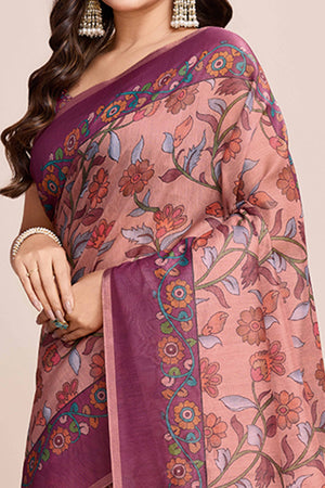 Beige Floral Printed Linen Saree