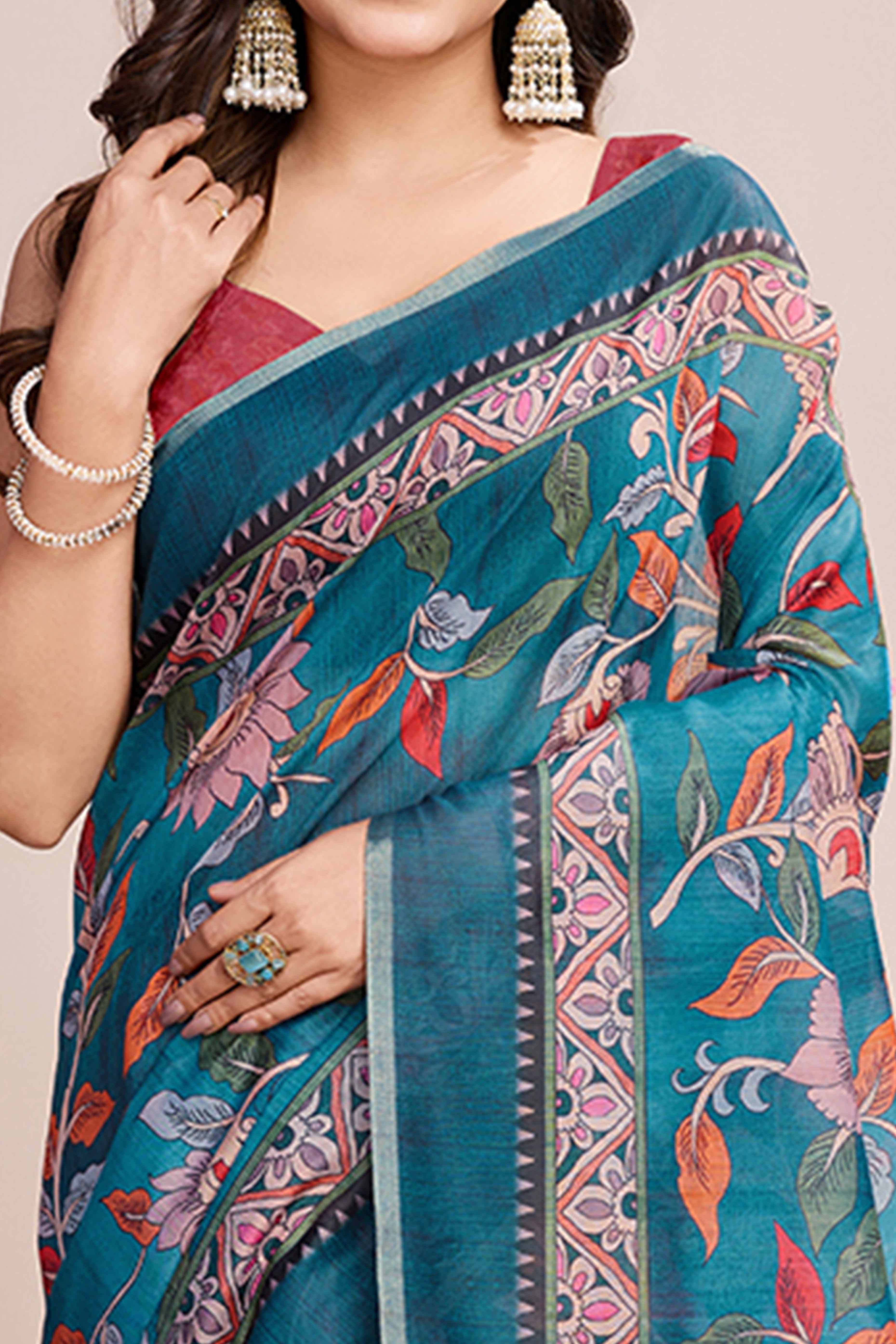 Rama Blue Floral Printed Linen Saree