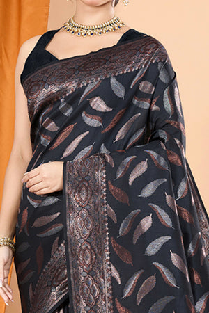 Black Pure Silk Saree With Intricate Leaf Pattern Zari Weaving & Graceful Tassels