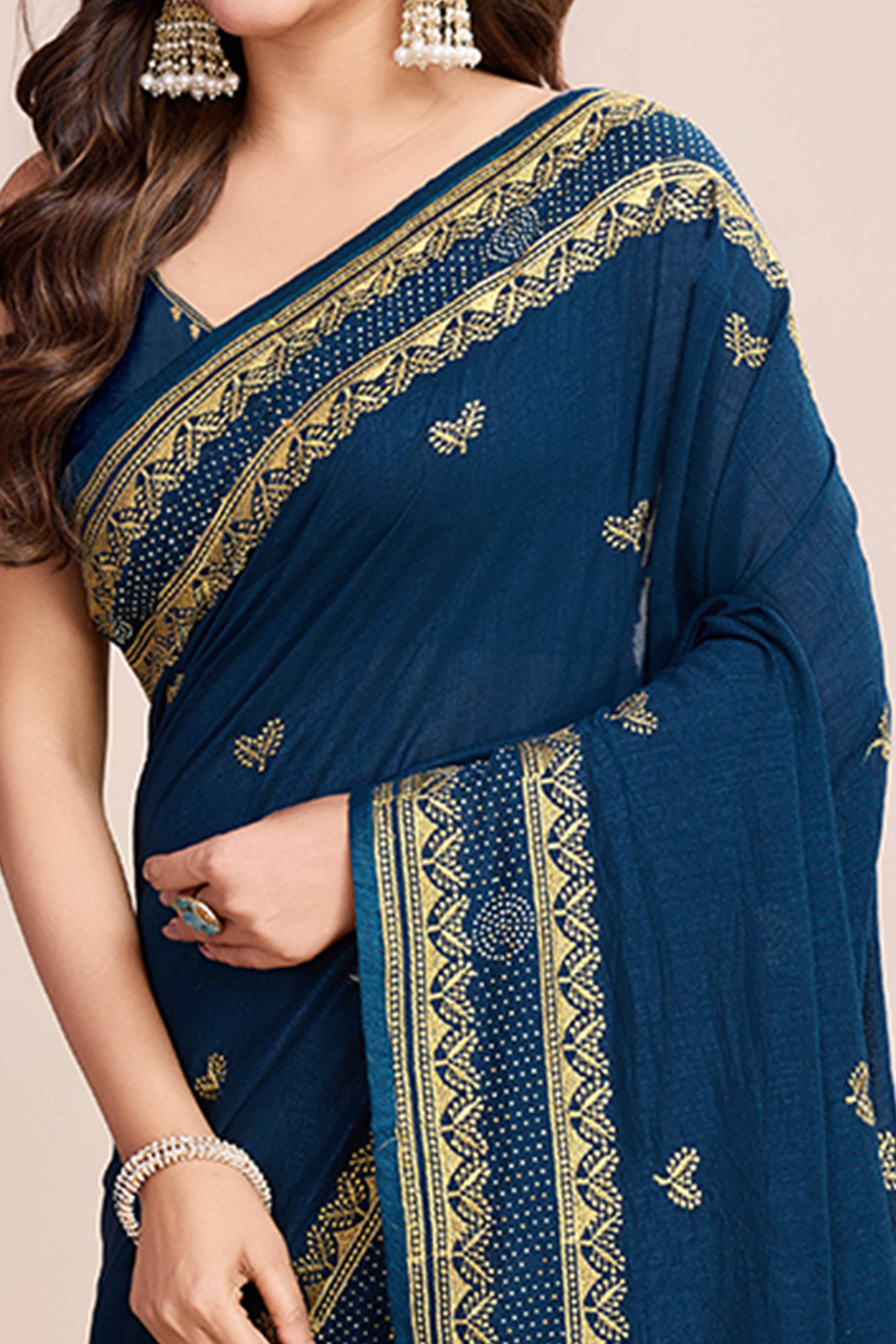 Teal Floral Embroidered Vichitra Silk Saree