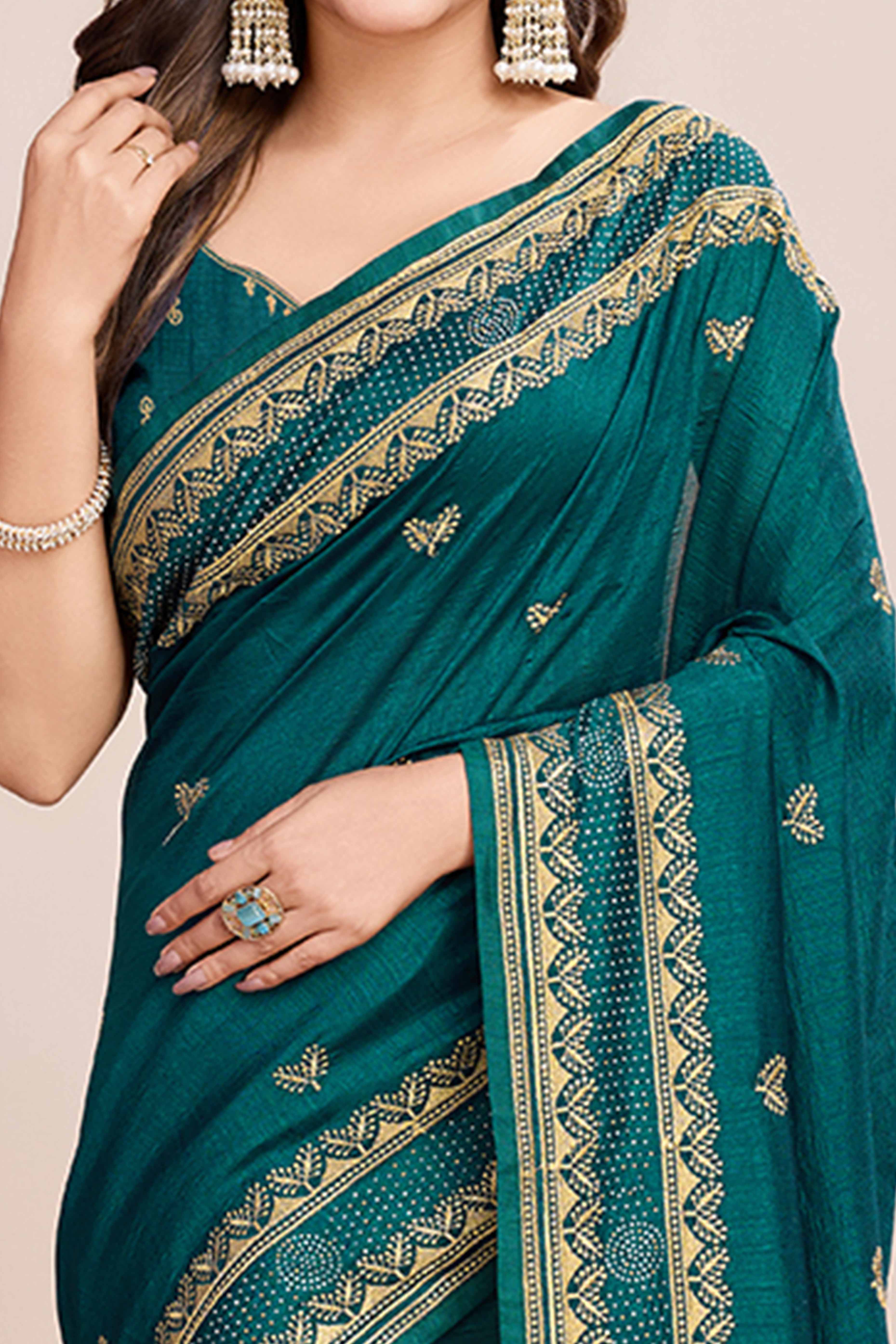 Green Floral Embroidered Vichitra Silk Saree
