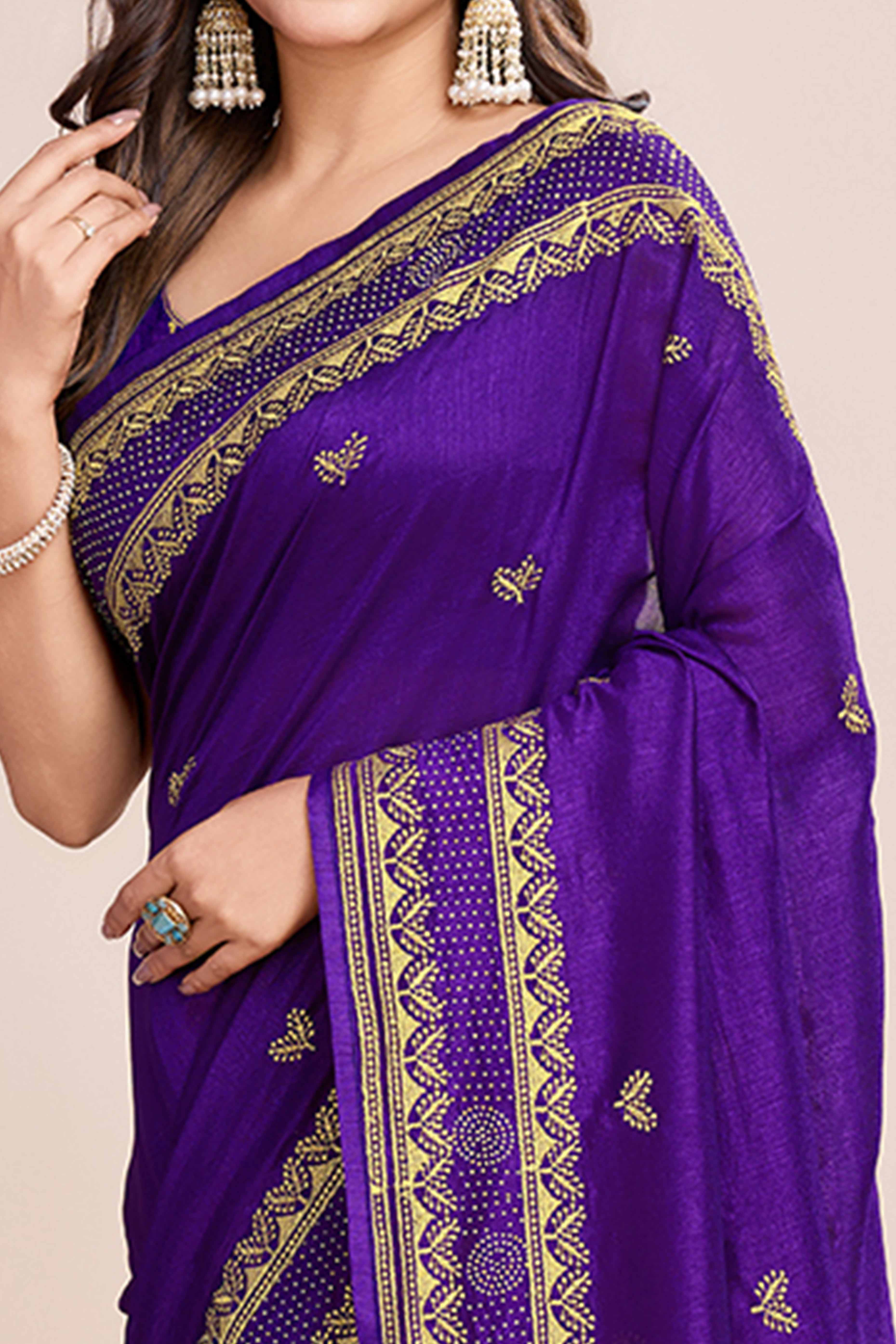 Purple Floral Embroidered Vichitra Silk Saree