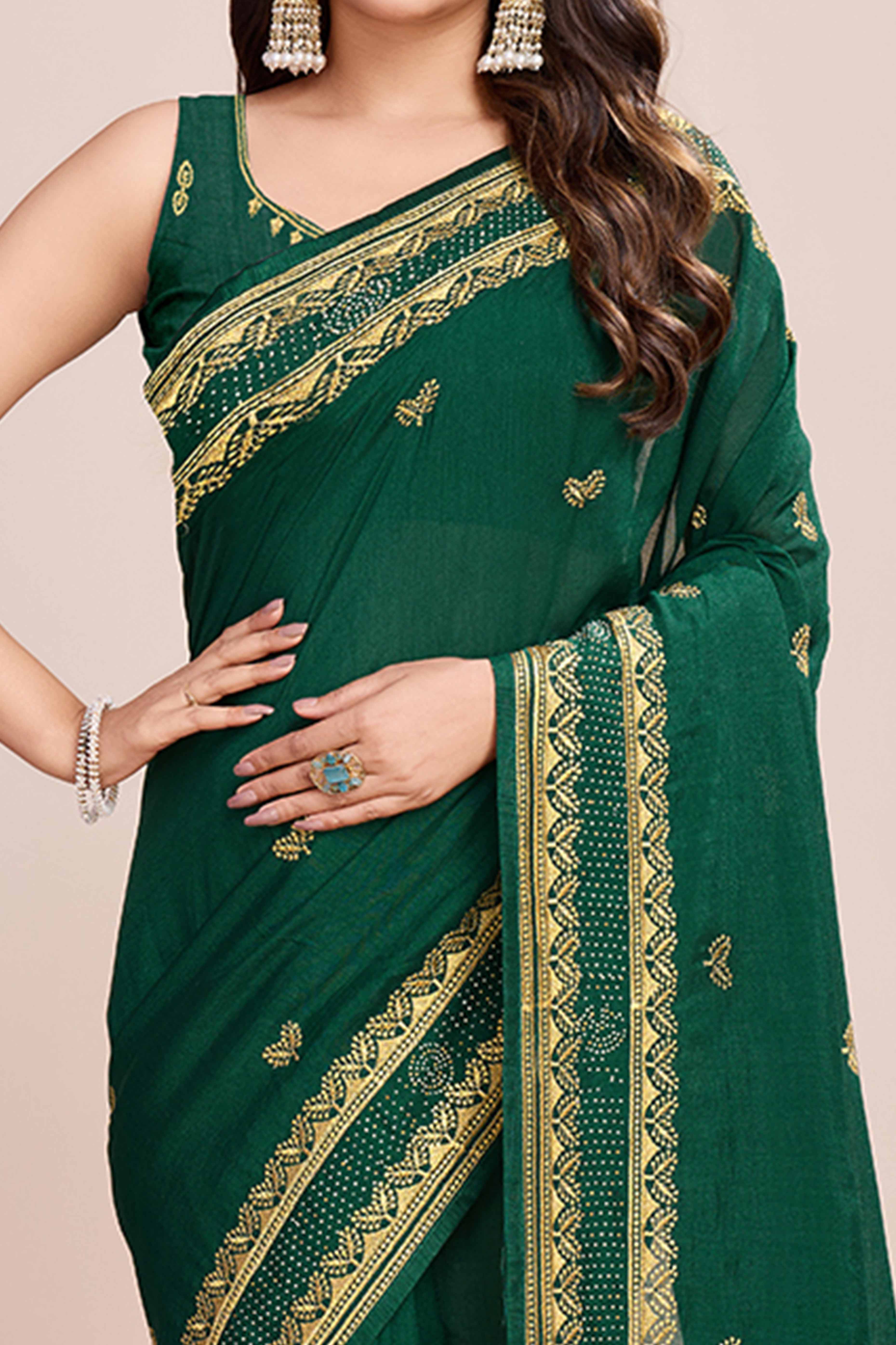 Green Floral Embroidered Vichitra Silk Saree
