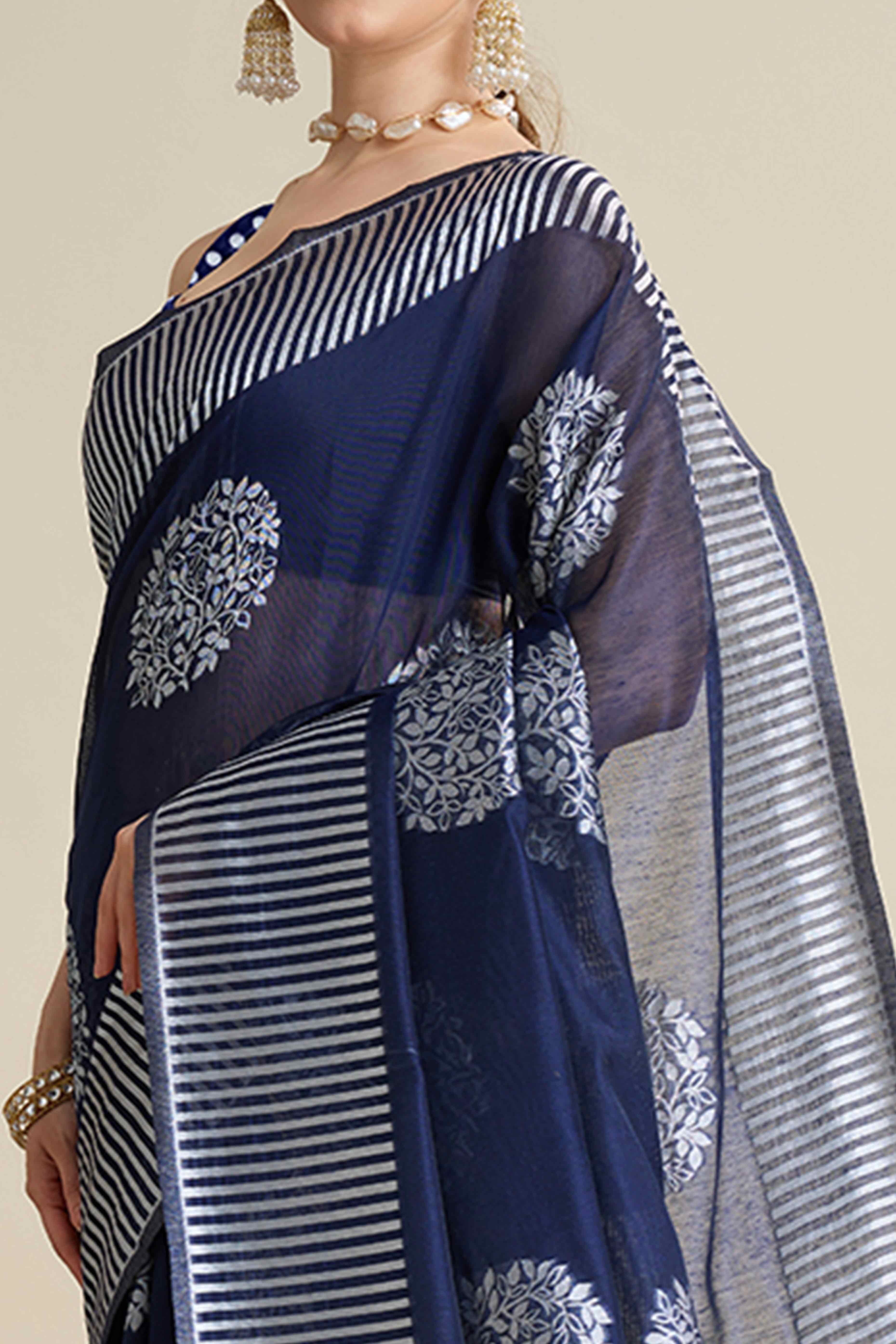 Navy Blue Elegance Soft Cotton Silk Saree with Beautifully Woven Floral Designs