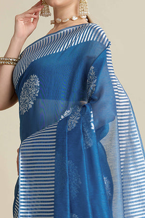Blue Elegance Soft Cotton Silk Saree with Beautifully Woven Floral Designs