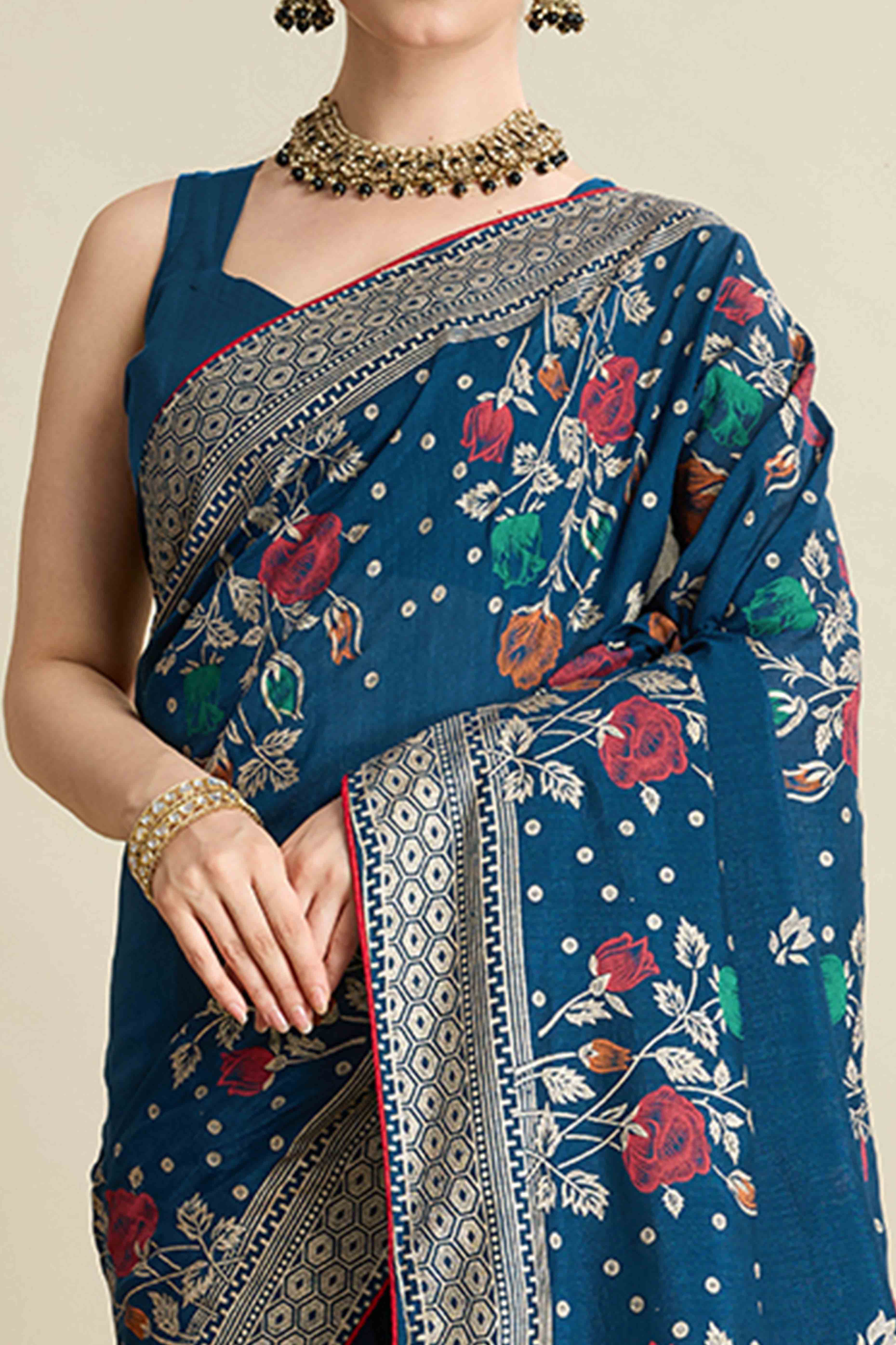 Teal Lightweight Cotton Silk Saree with Delicate Paisley Prints