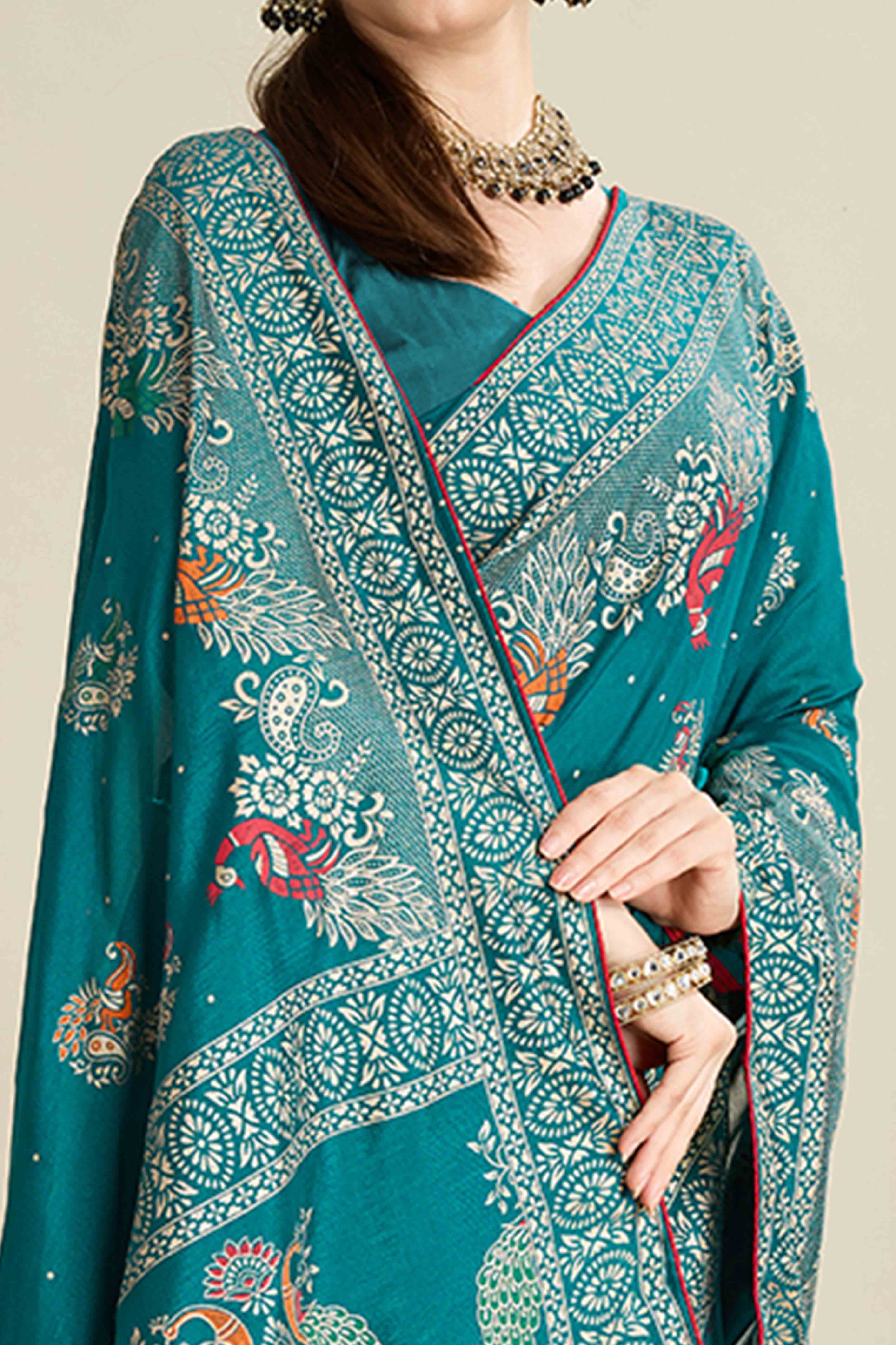Rama Green Lightweight Cotton Silk Saree with Delicate Paisley Prints