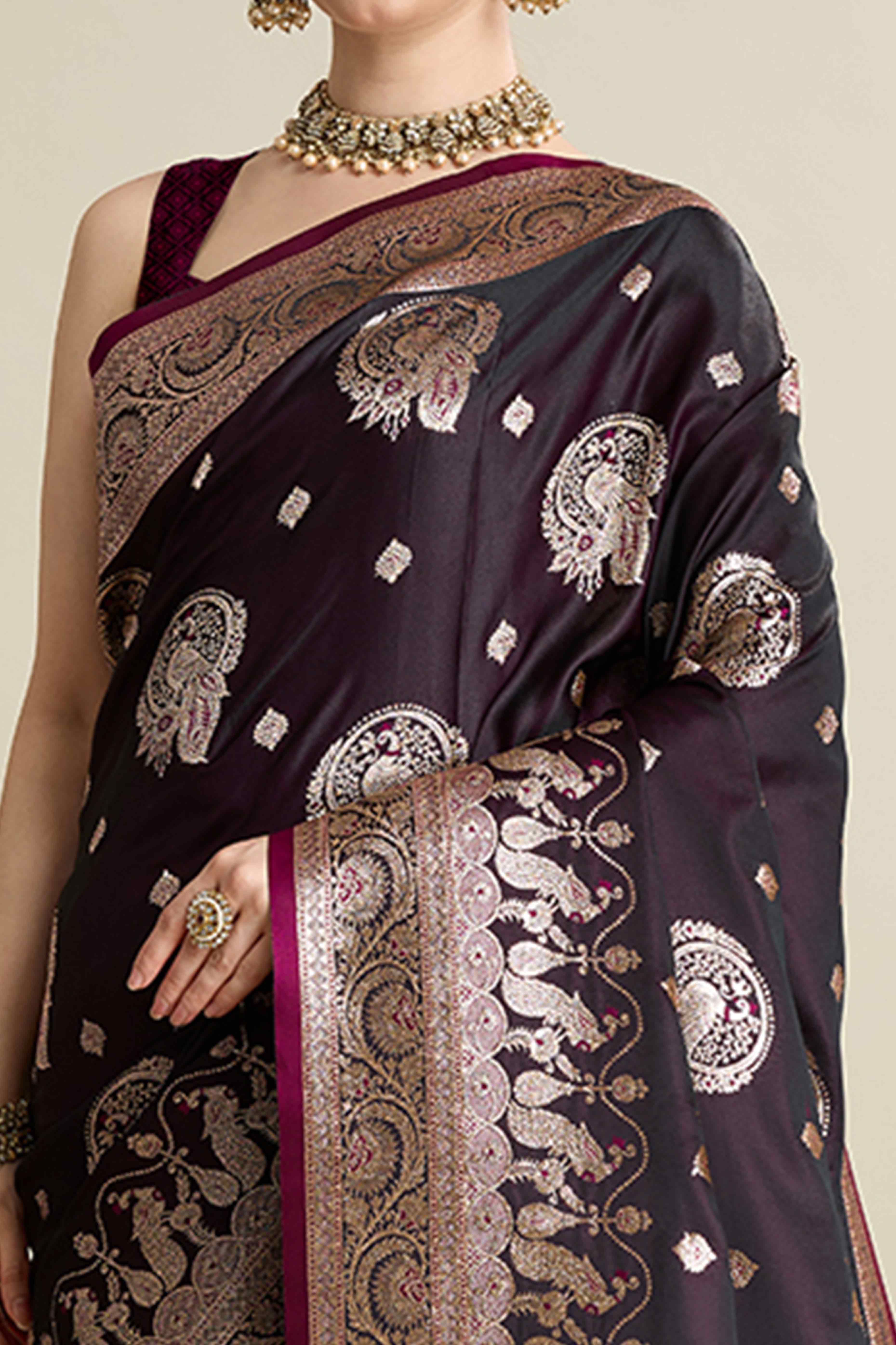 Wine Pure Silk Saree Featuring Traditional Banarasi Zari Weaving Patterns