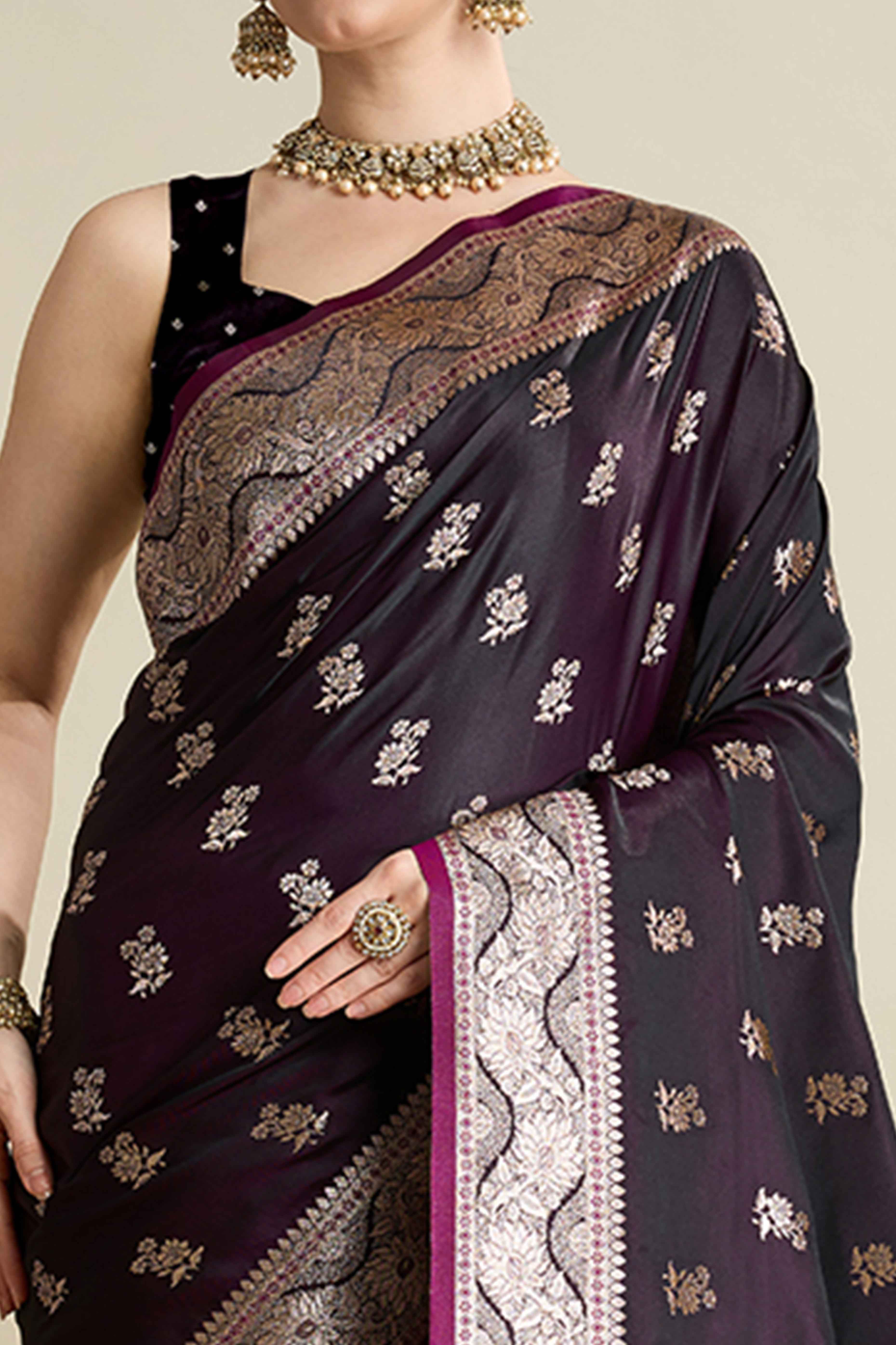 Wine Pure Silk Saree Featuring Traditional Banarasi Zari Weaving Patterns