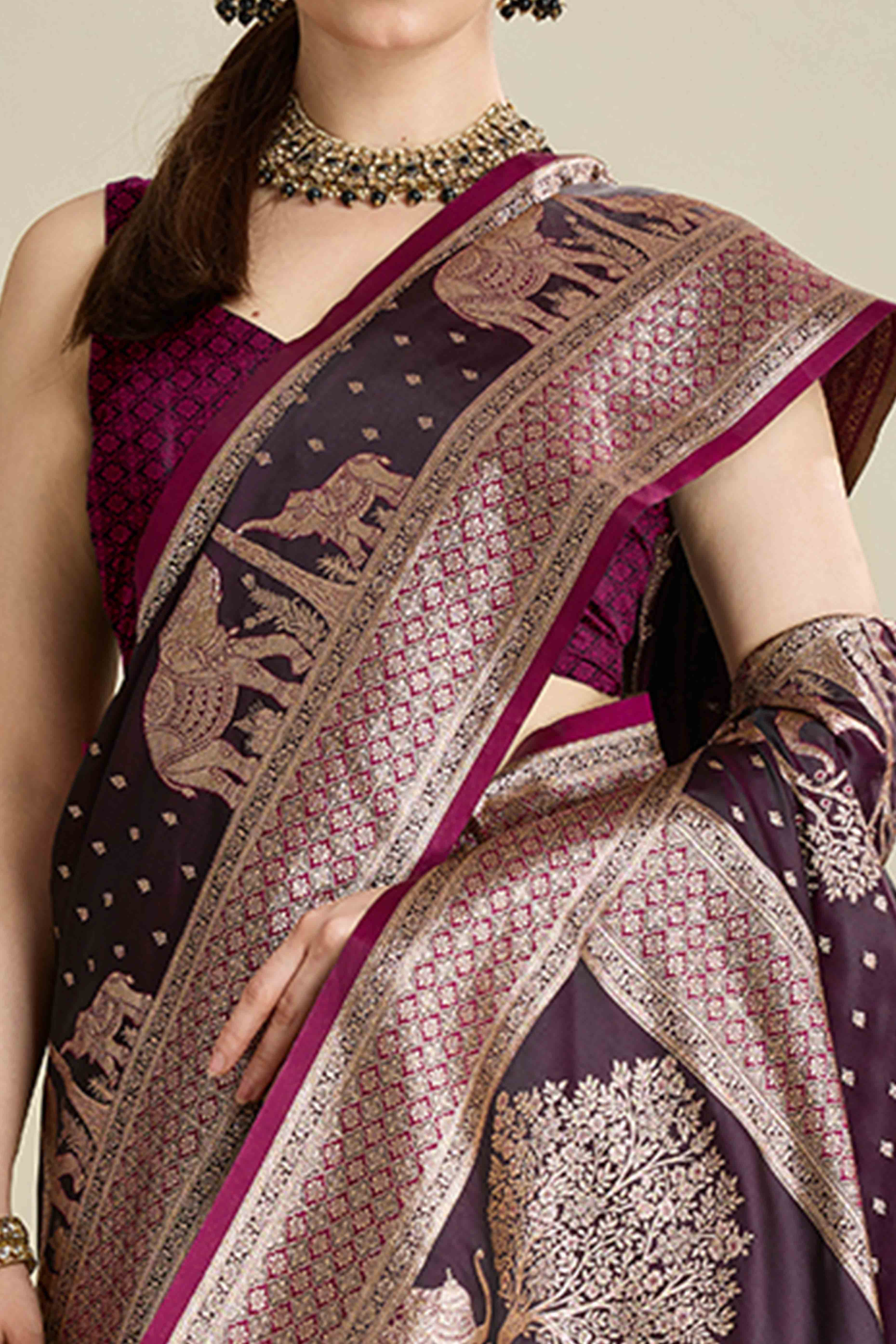 Wine Pure Silk Saree Featuring Traditional Banarasi Zari Weaving Patterns