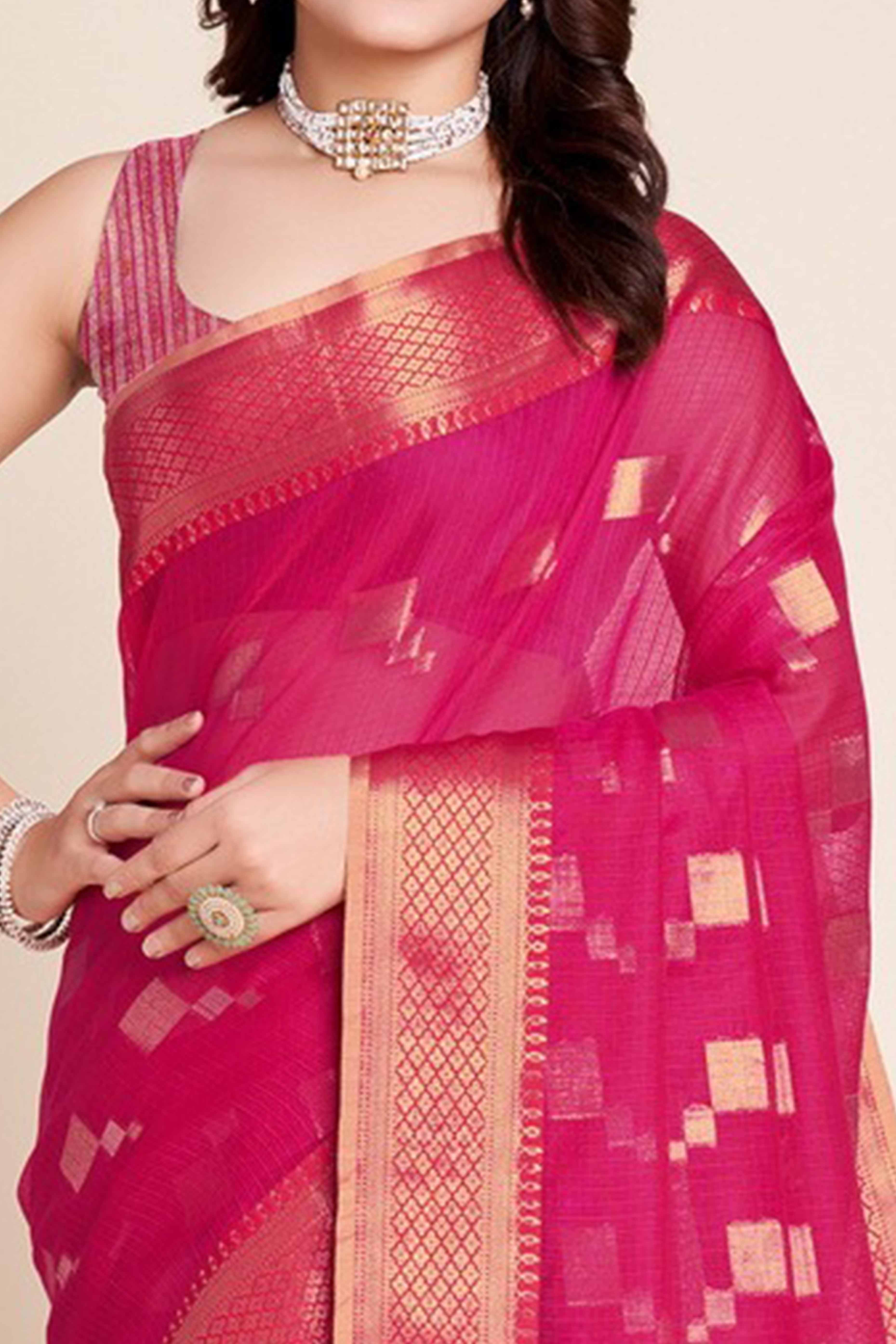 Pink Zari Weaving Kota Doria Saree