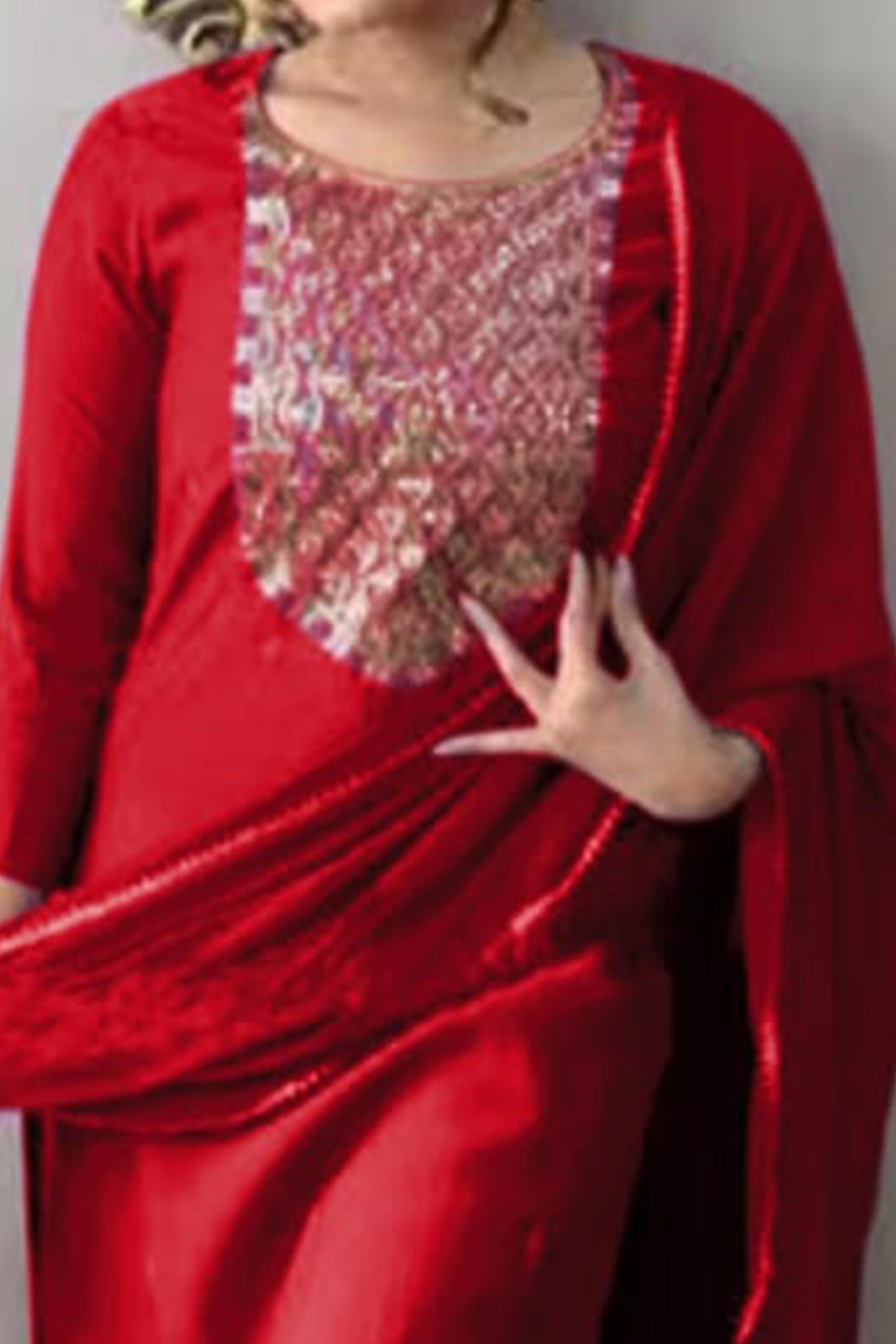 Red Sequins Embroidered Rayon Salwar Suit