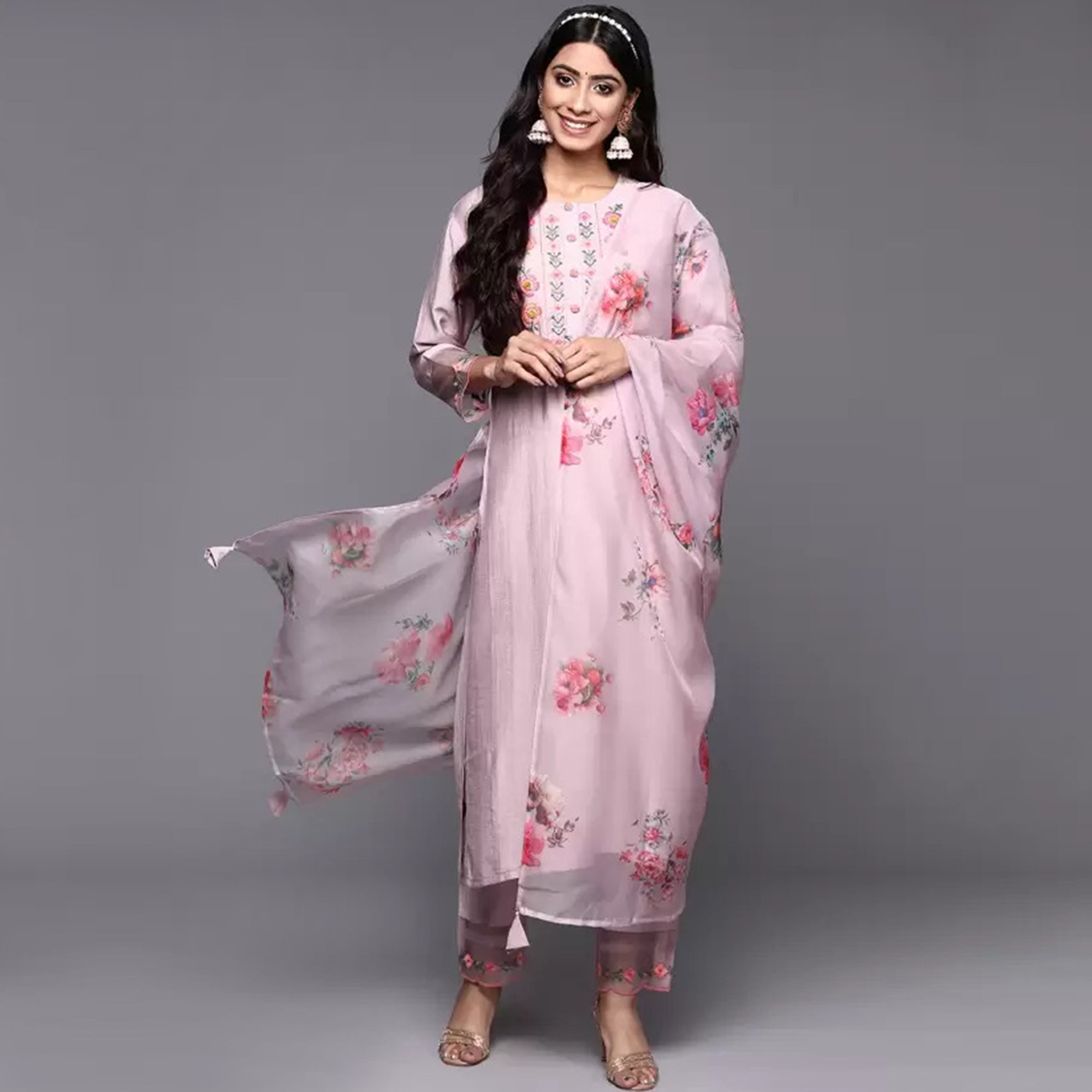 Pink Floral Embroidered Viscose Suit