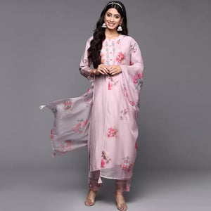 Pink Floral Embroidered Viscose Suit