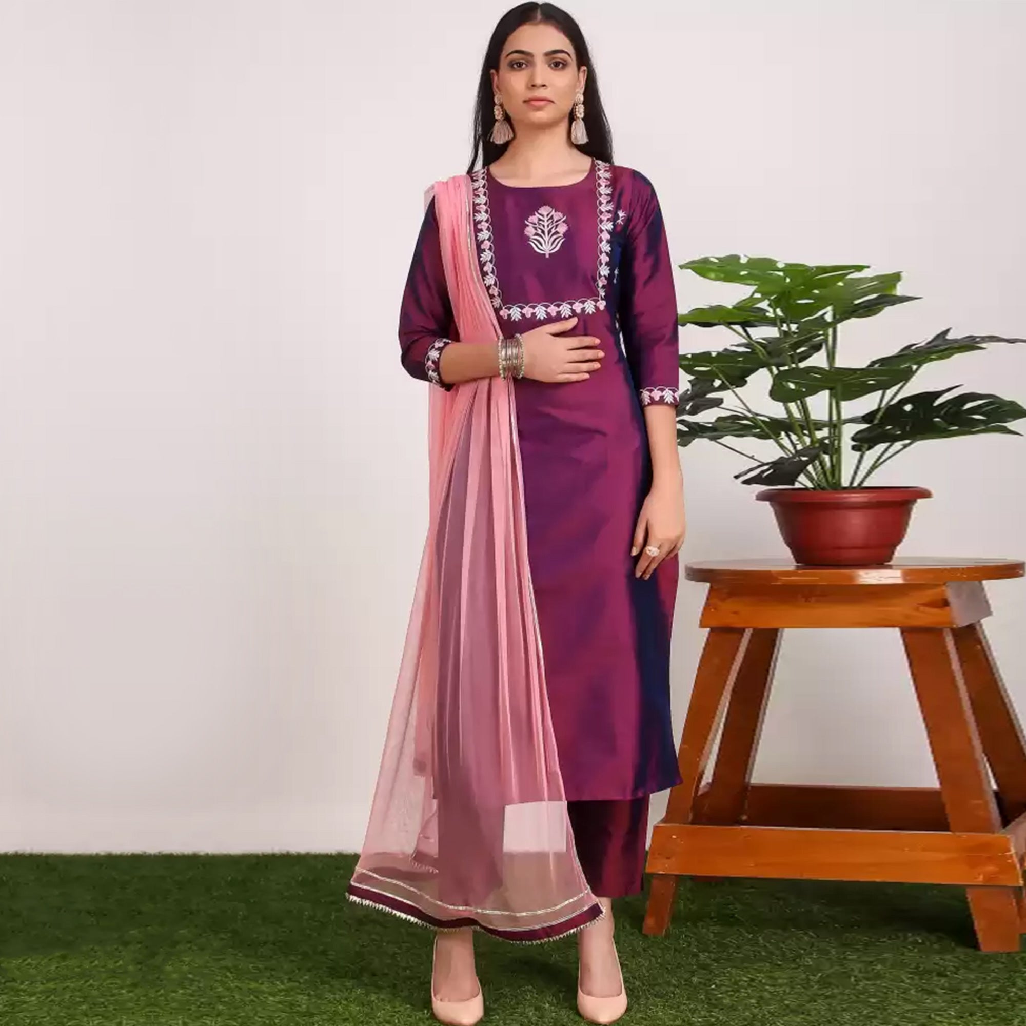 Purple Floral Embroidered Cotton Silk Suit