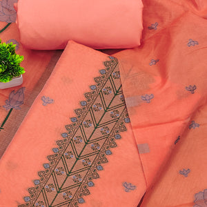 Peach Ethnic Dress Material Showcasing Handloom Style Floral Zari Weaving