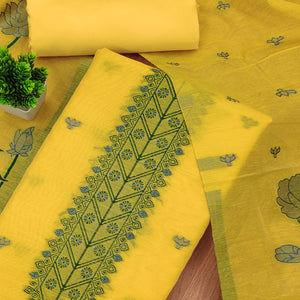 Yellow Ethnic Dress Material Showcasing Handloom Style Floral Zari Weaving