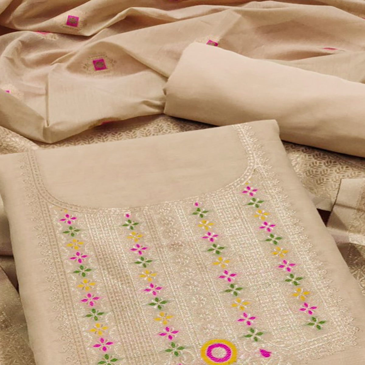 Chikoo Floral Woven Chanderi Dress Material