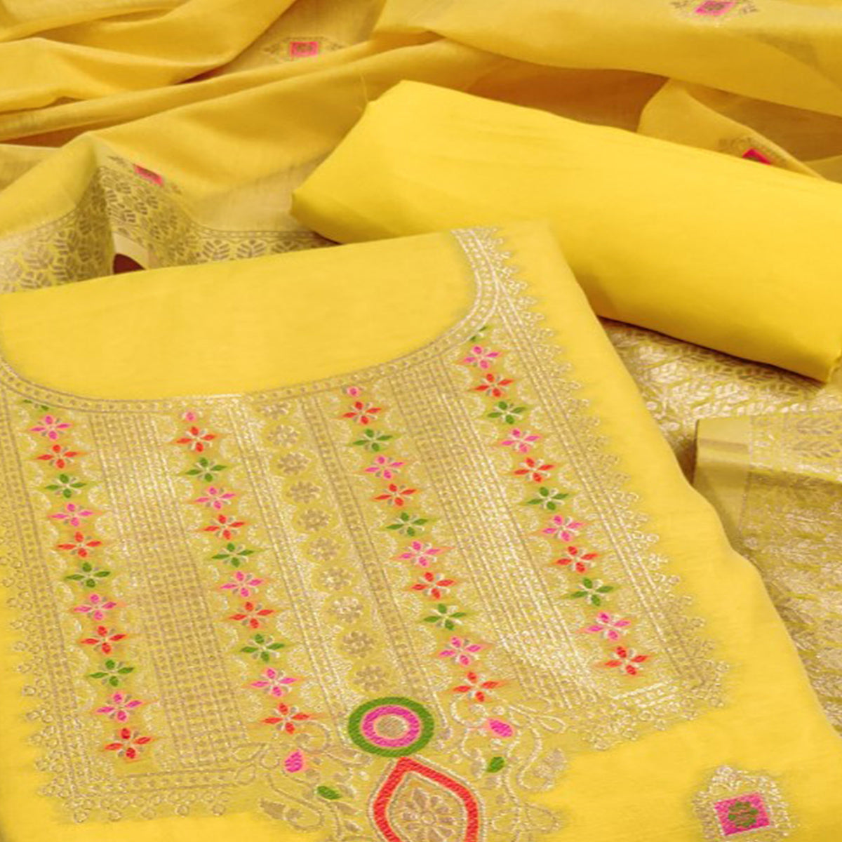 Yellow Floral Woven Chanderi Dress Material