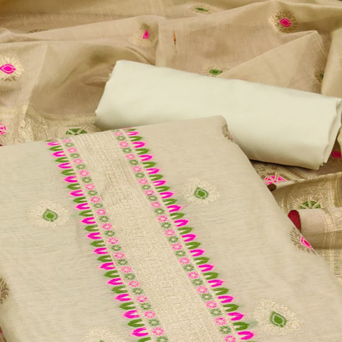 Beige Floral Woven Chanderi Dress Material