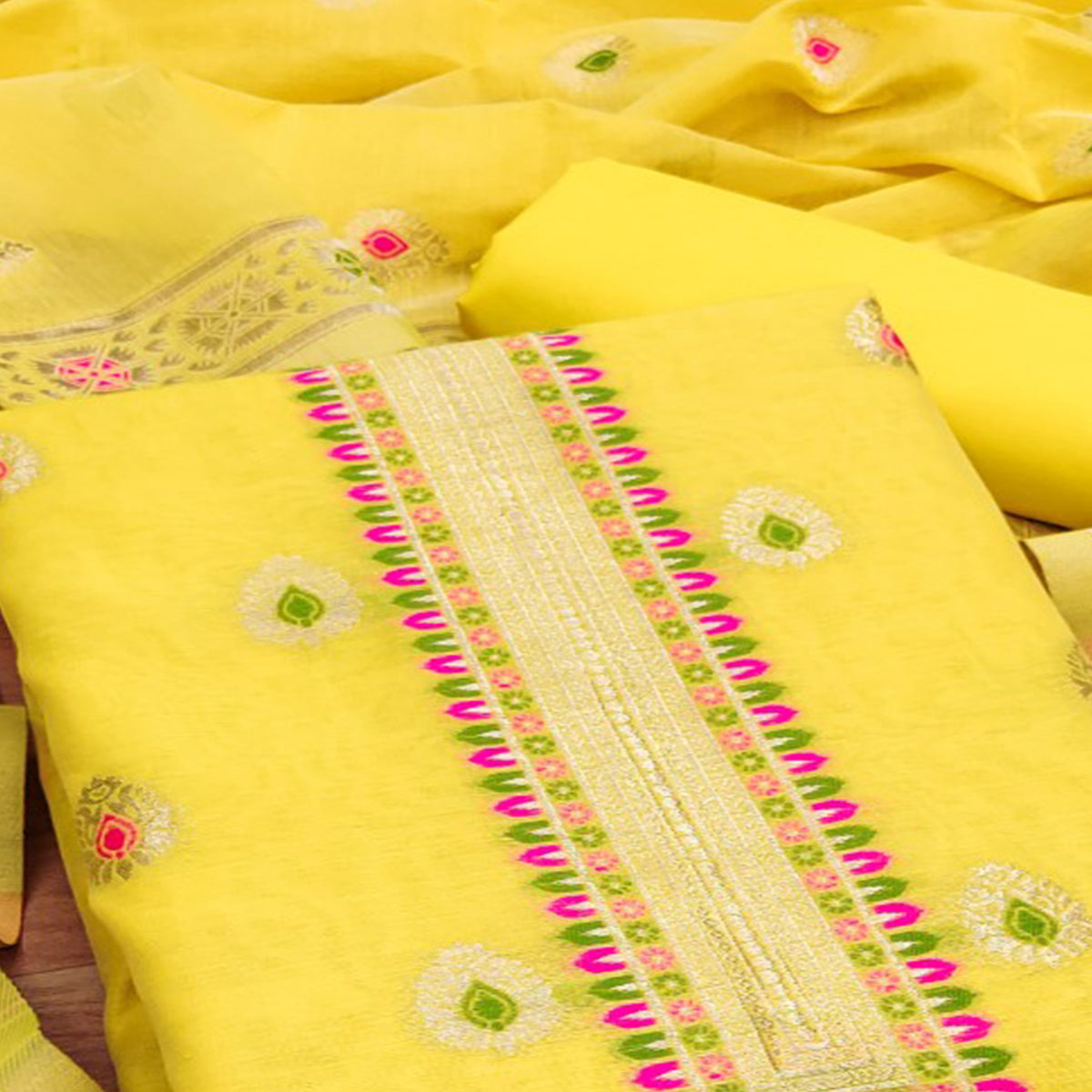 Yellow Floral Woven Chanderi Dress Material