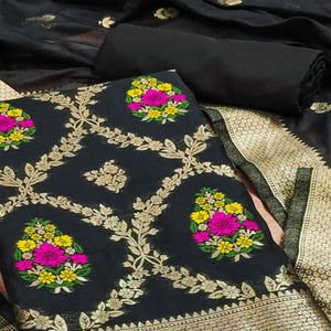 Black Floral Woven Chanderi Dress Material