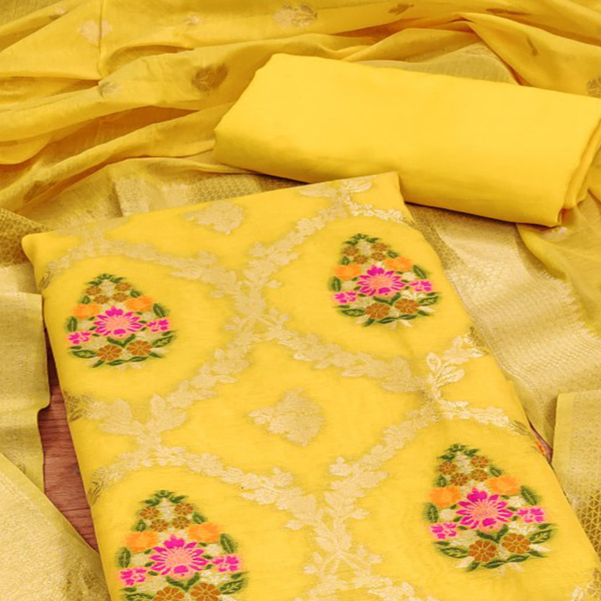 Yellow Floral Woven Chanderi Dress Material
