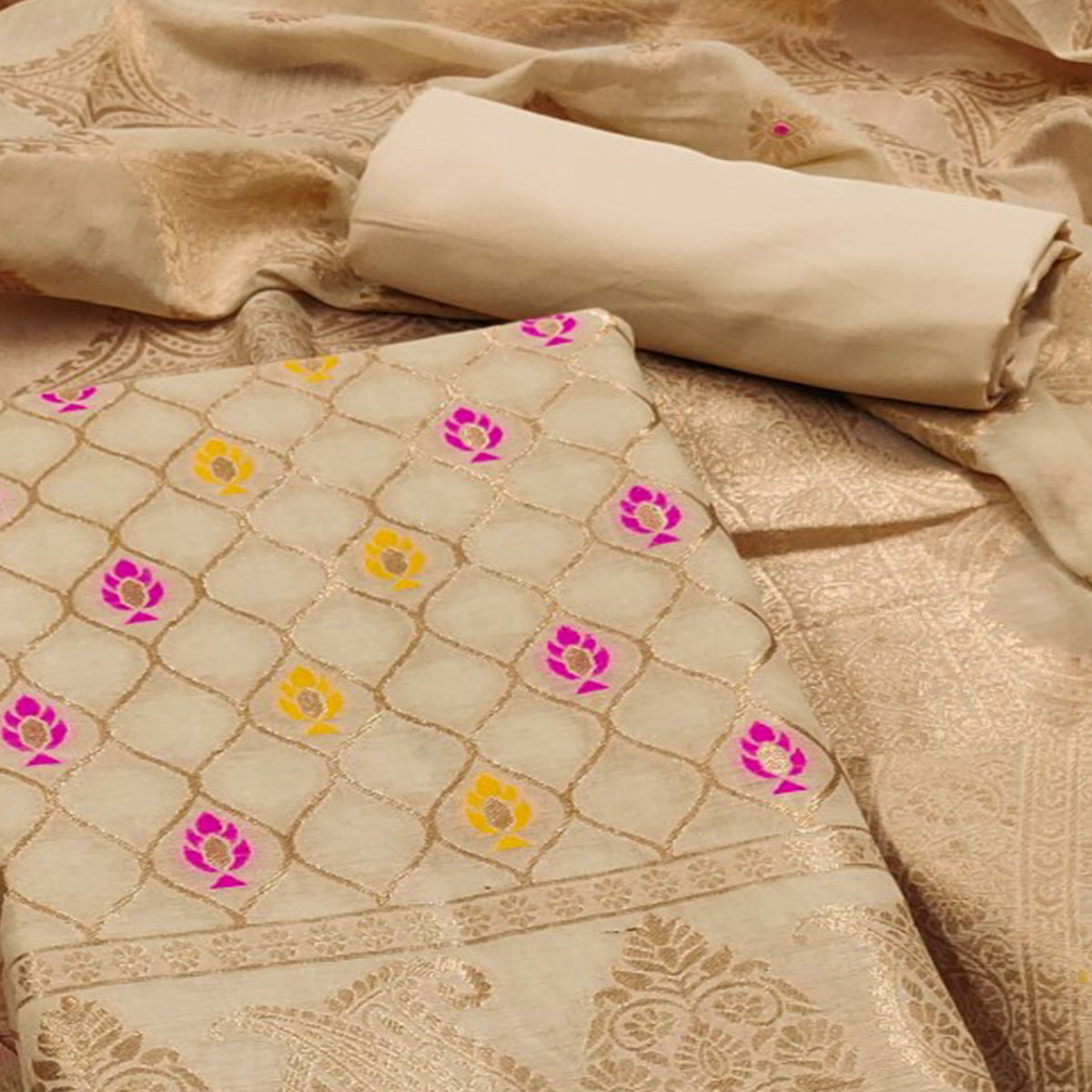 Chikoo Woven Chanderi Dress Material