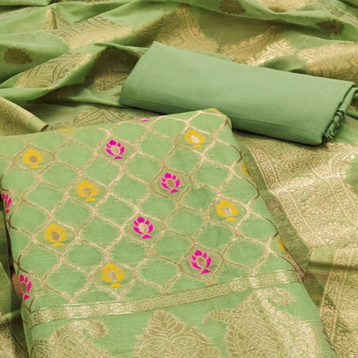 Green Woven Chanderi Dress Material