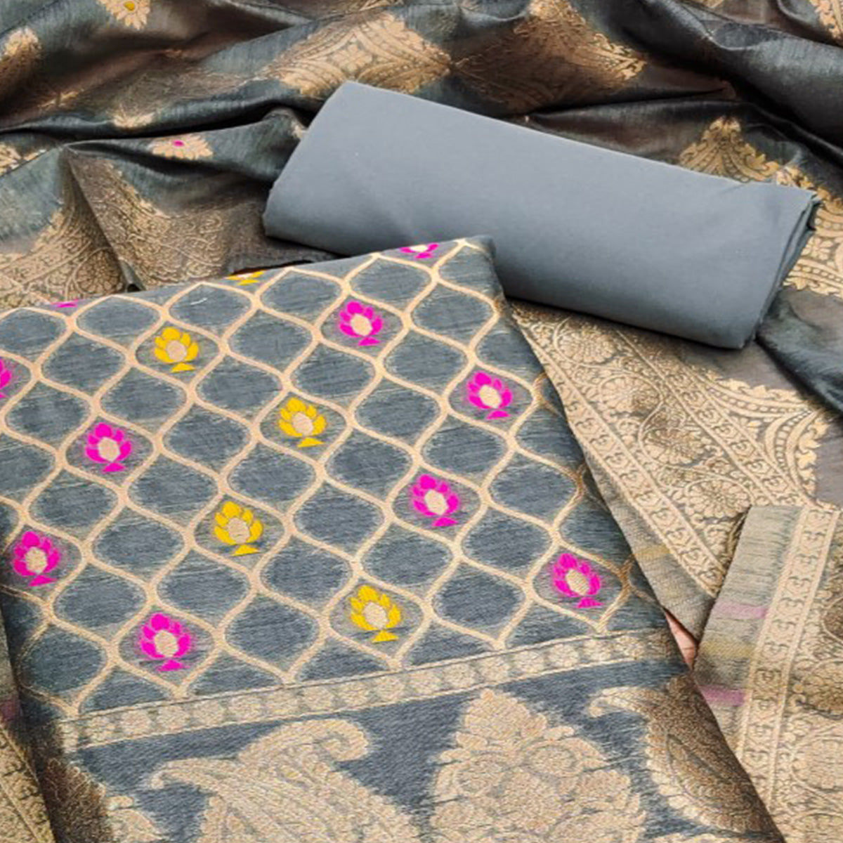 Grey Woven Chanderi Dress Material