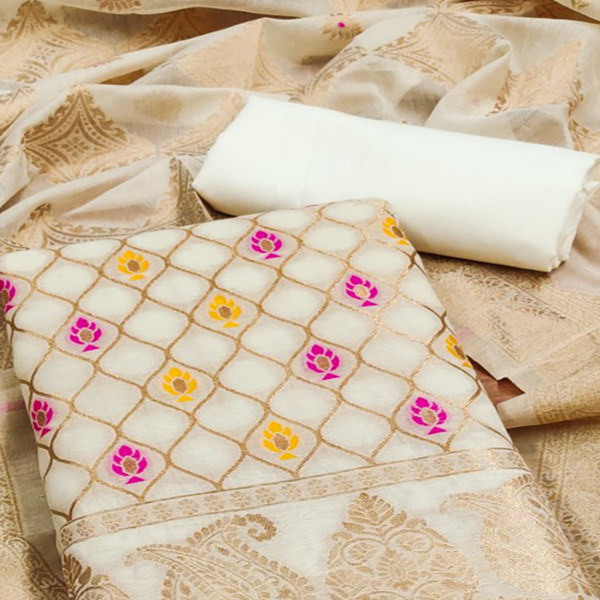 Off White Woven Chanderi Dress Material