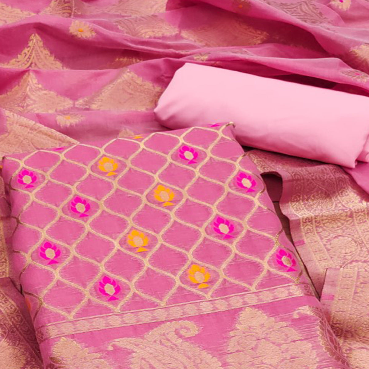 Pink Woven Chanderi Dress Material