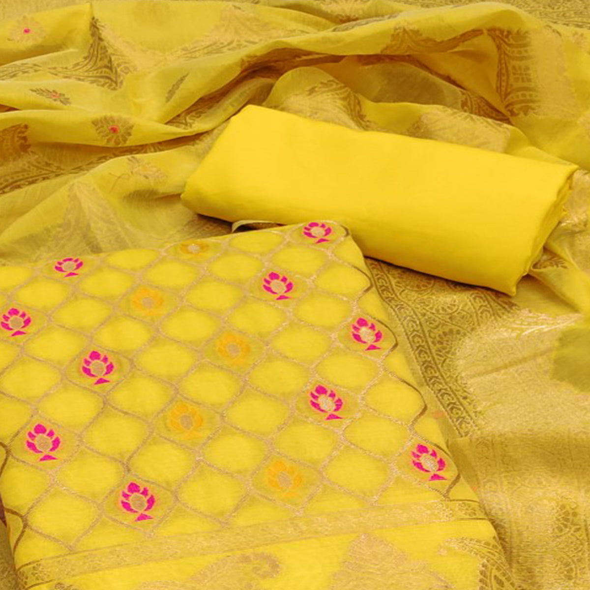 Yellow Woven Chanderi Dress Material