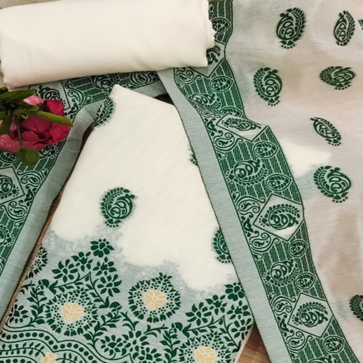 Offwhite & Green Floral Woven Chanderi Dress Material