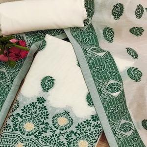 Offwhite & Green Floral Woven Chanderi Dress Material
