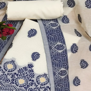 Offwhite & Navy Blue Floral Woven Chanderi Dress Material