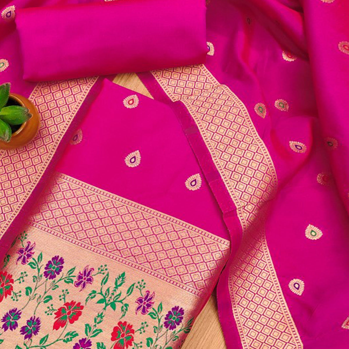 Pink Floral Zari Woven Banarasi Silk Dress Material