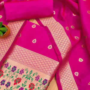 Pink Floral Zari Woven Banarasi Silk Dress Material