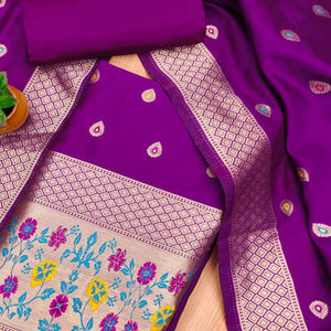 Purple Floral Zari Woven Banarasi Silk Dress Material