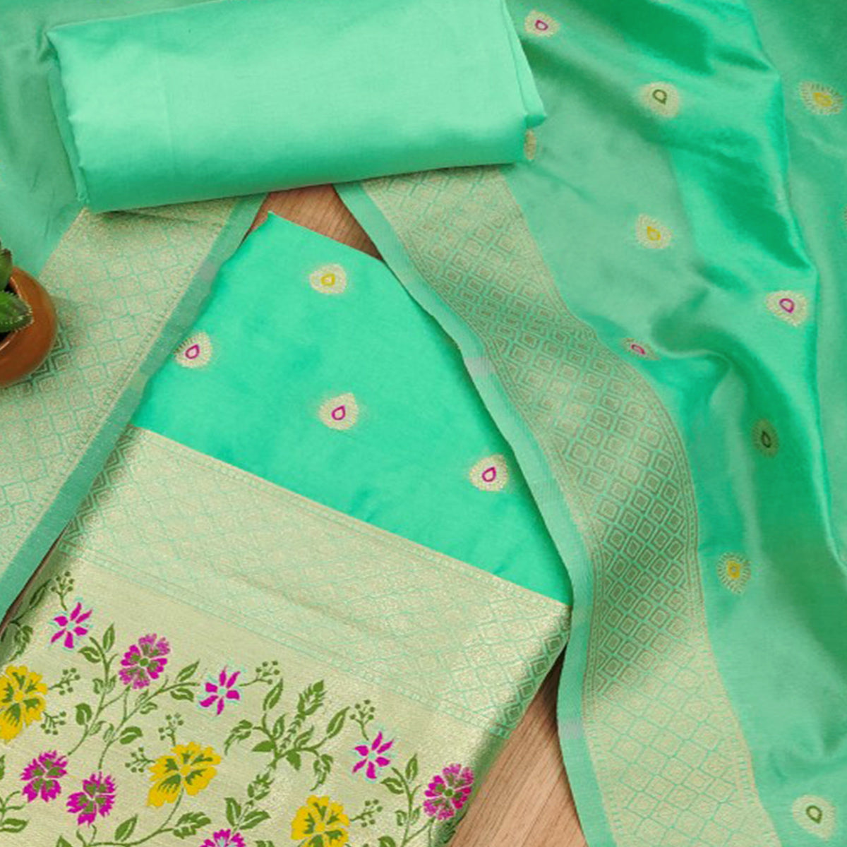 Sea Green Floral Zari Woven Banarasi Silk Dress Material