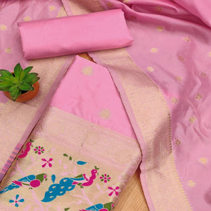 Baby Pink Floral Zari Woven Banarasi Silk Dress Material