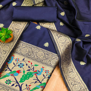 Navy Blue Floral Zari Woven Banarasi Silk Dress Material