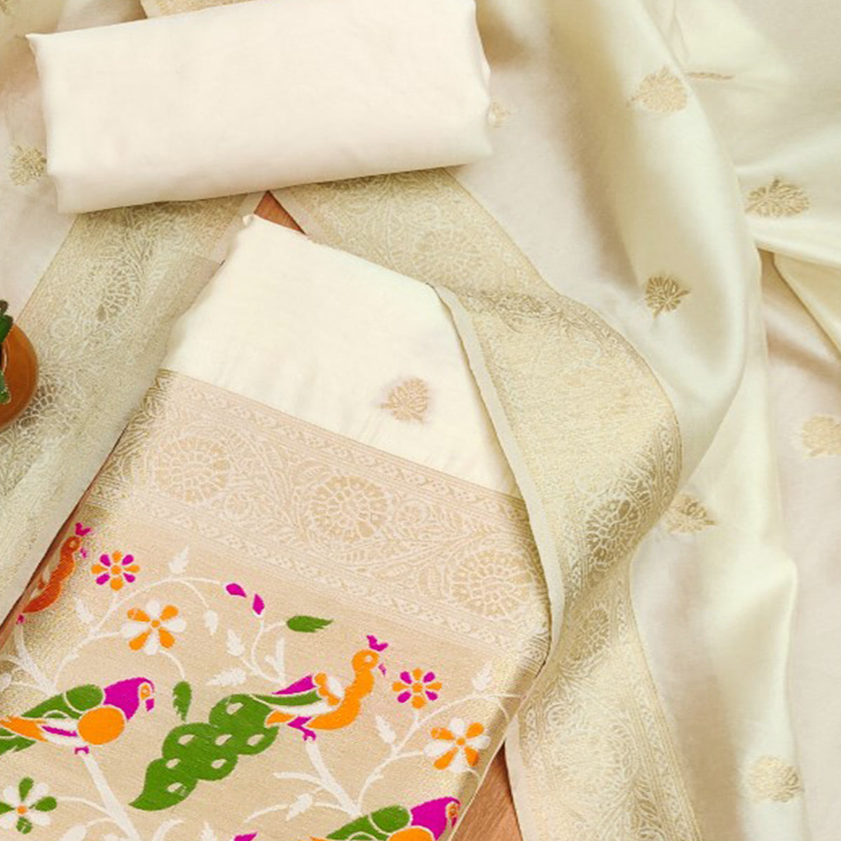 White Floral Zari Woven Banarasi Silk Dress Material