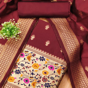Maroon Floral Zari Woven Banarasi Silk Dress Material